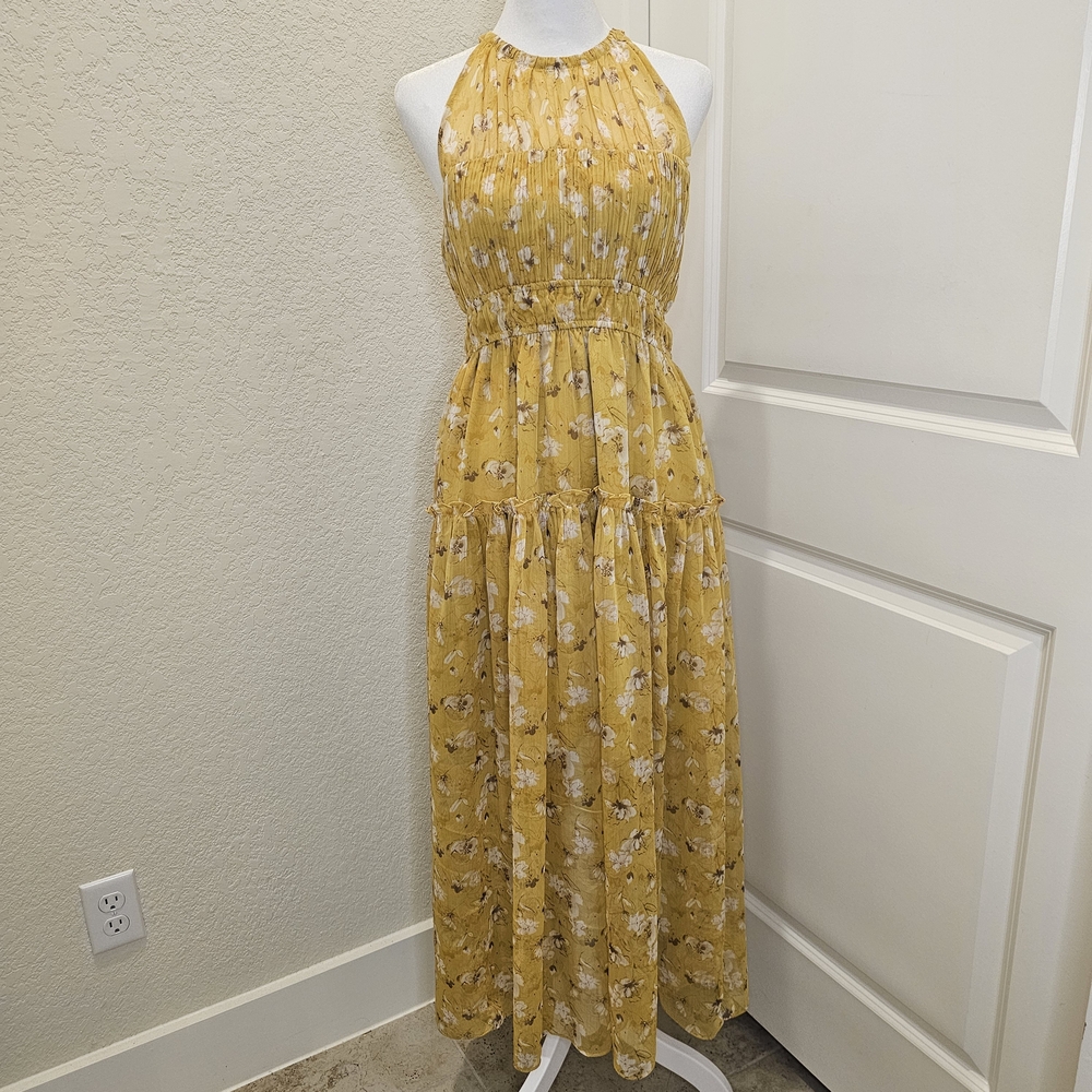 Astr Yellow Floral Halter with Pockets Maxi Dress